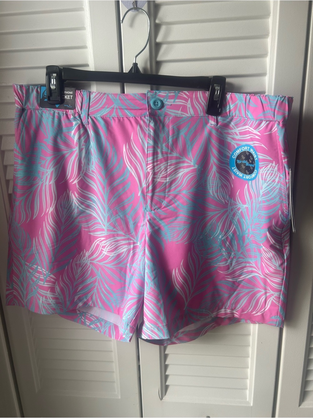 Men's Pink Tropical Swim Trunks with Light Blue Leaf Print